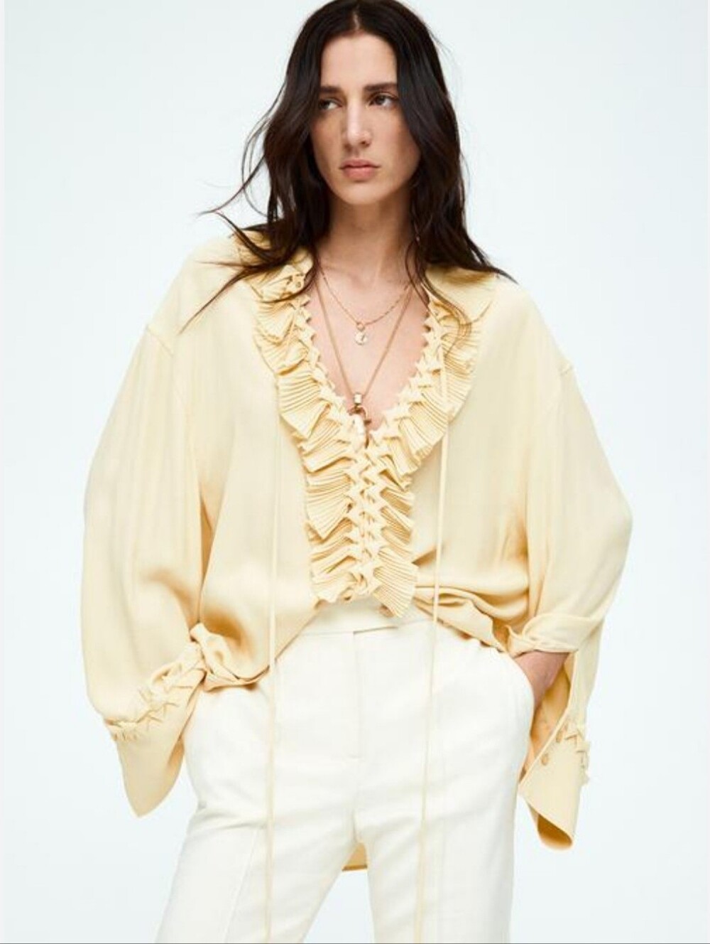 Ruffled V-Neck Blouse in Pale Yellow